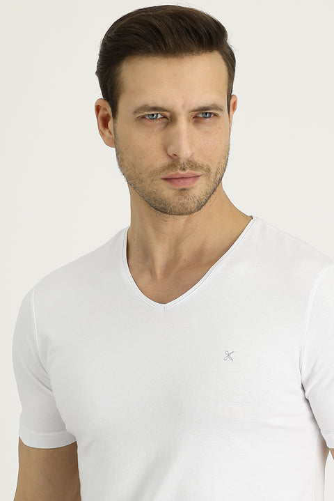 White V-Neck Slim Fit Cotton T-Shirt