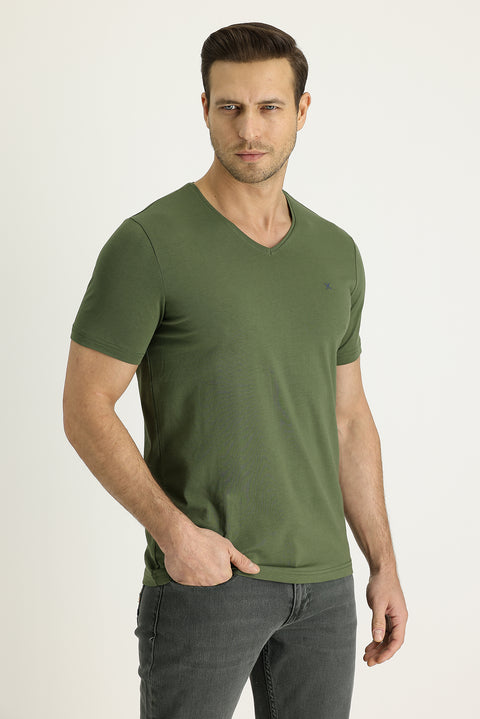 Orta Haki V Yaka Slim Fit Dar Kesim Pamuklu Tişört