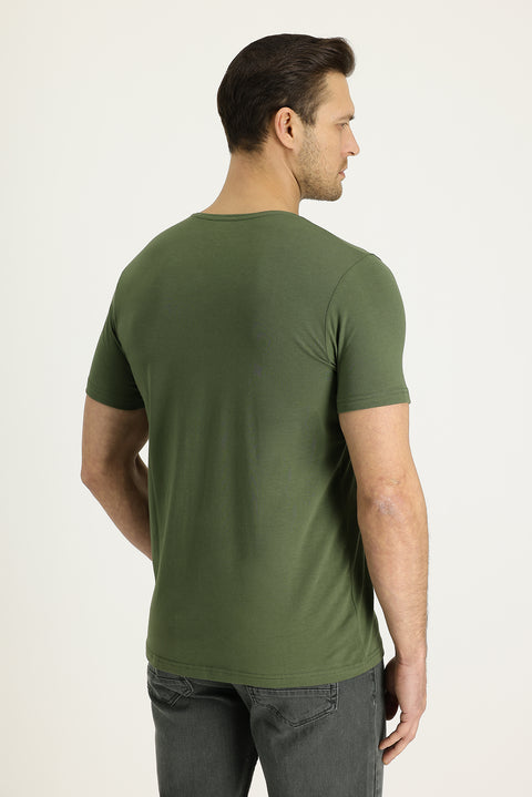 Orta Haki V Yaka Slim Fit Dar Kesim Pamuklu Tişört