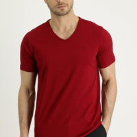 Dark Red V-Neck Slim Fit Cotton T-Shirt