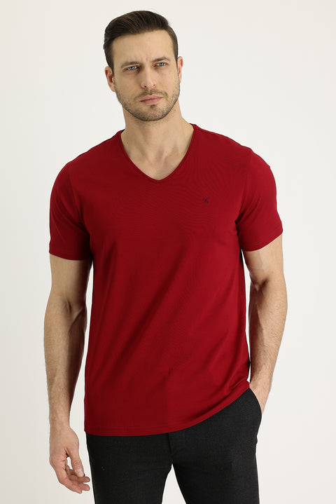 Dark Red V-Neck Slim Fit Cotton T-Shirt