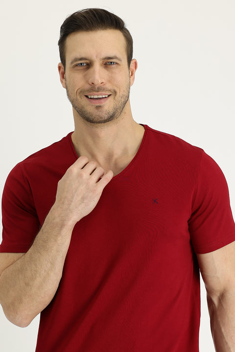 Dark Red V-Neck Slim Fit Cotton T-Shirt