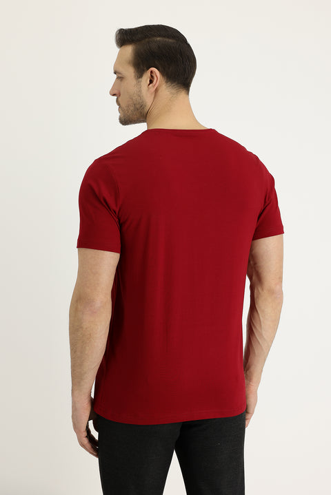 Dark Red V-Neck Slim Fit Cotton T-Shirt