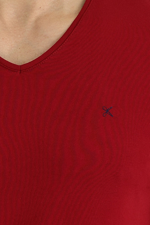 Dark Red V-Neck Slim Fit Cotton T-Shirt
