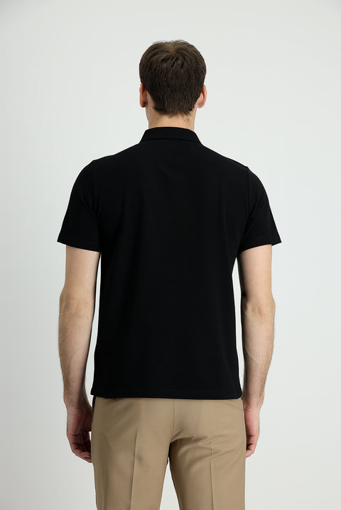 Siyah Polo Yaka Regular Fit Nakışlı Pamuk Tişört
