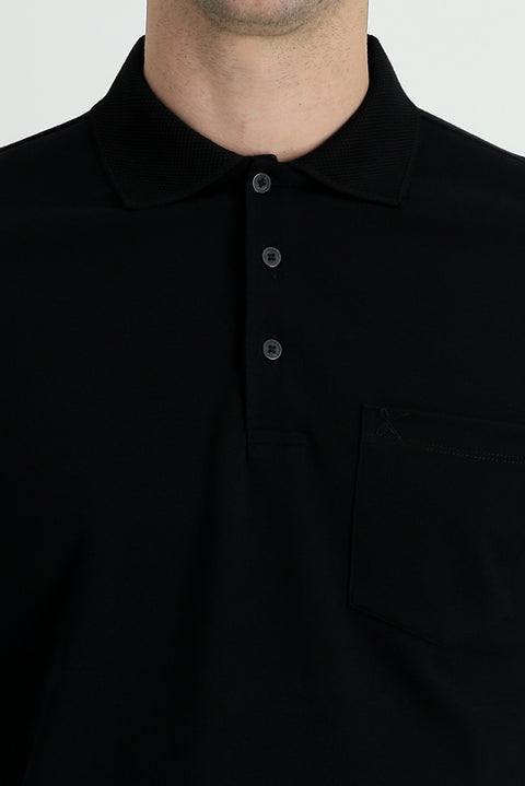 Siyah Polo Yaka Regular Fit Nakışlı Pamuk Tişört