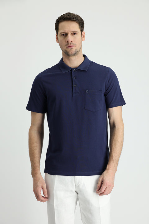 Dark Navy Polo Collar Regular Fit Embroidered Cotton T-Shirt