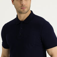Black and Navy Blue Polo Collar Regular Fit Embroidered Cotton T-Shirt