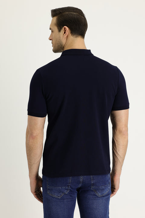 Black and Navy Blue Polo Collar Regular Fit Embroidered Cotton T-Shirt