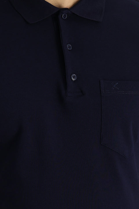 Black and Navy Blue Polo Collar Regular Fit Embroidered Cotton T-Shirt