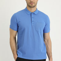 Aviator Blue Polo Collar Regular Fit Embroidered Cotton T-Shirt