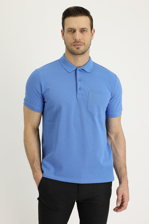 Aviator Blue Polo Collar Regular Fit Embroidered Cotton T-Shirt