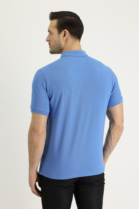 Aviator Blue Polo Collar Regular Fit Embroidered Cotton T-Shirt
