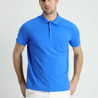 Indigo Blue Polo Collar Regular Fit Embroidered Cotton T-shirt