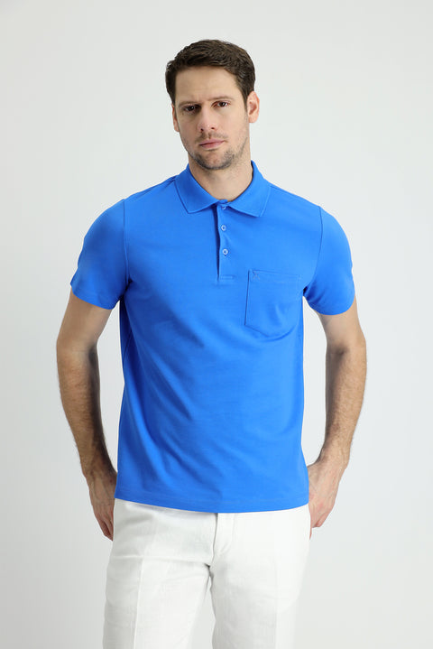 Indigo Blue Polo Collar Regular Fit Embroidered Cotton T-shirt