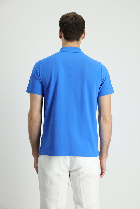 Indigo Blue Polo Collar Regular Fit Embroidered Cotton T-shirt
