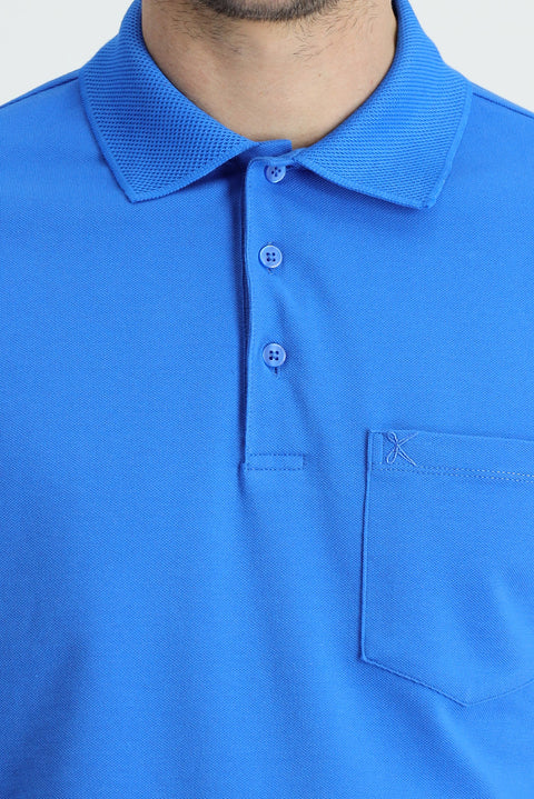 Indigo Blue Polo Collar Regular Fit Embroidered Cotton T-shirt