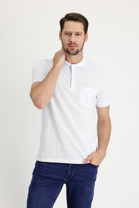 White Polo Collar Regular Fit Embroidered Cotton T-Shirt
