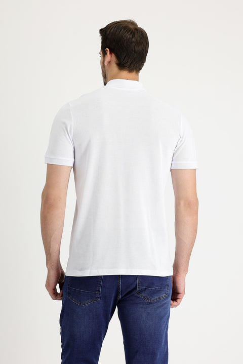 White Polo Collar Regular Fit Embroidered Cotton T-Shirt