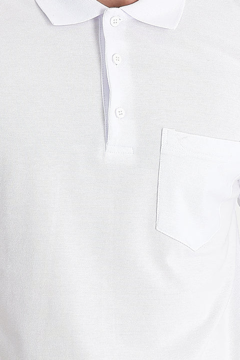 White Polo Collar Regular Fit Embroidered Cotton T-Shirt