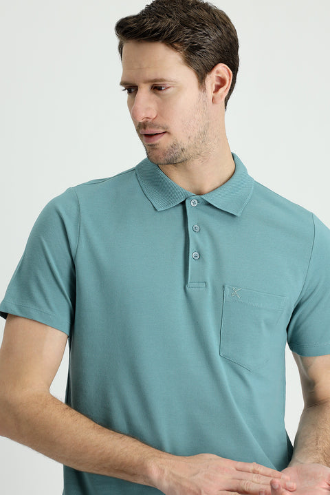 Moss Green Polo Collar Regular Fit Embroidered Cotton T-Shirt