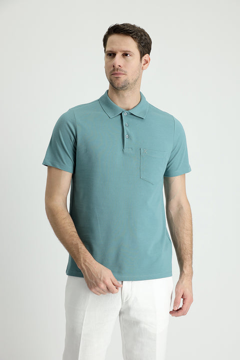 Moss Green Polo Collar Regular Fit Embroidered Cotton T-Shirt