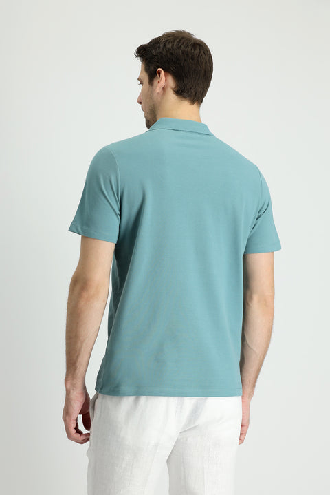 Moss Green Polo Collar Regular Fit Embroidered Cotton T-Shirt