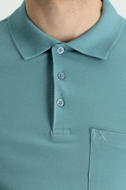 Moss Green Polo Collar Regular Fit Embroidered Cotton T-Shirt