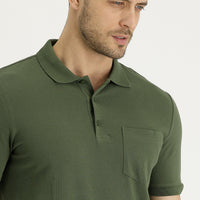 Medium Khaki Polo Collar Regular Fit Embroidered Cotton T-shirt