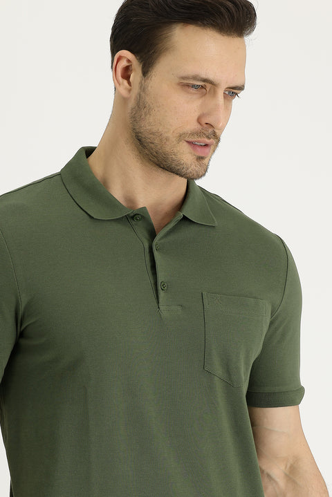 Medium Khaki Polo Collar Regular Fit Embroidered Cotton T-shirt