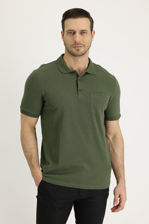 Medium Khaki Polo Collar Regular Fit Embroidered Cotton T-shirt