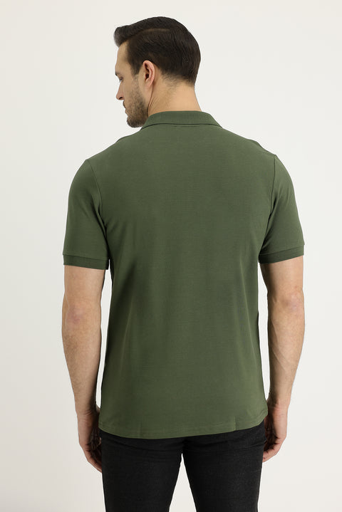 Medium Khaki Polo Collar Regular Fit Embroidered Cotton T-shirt