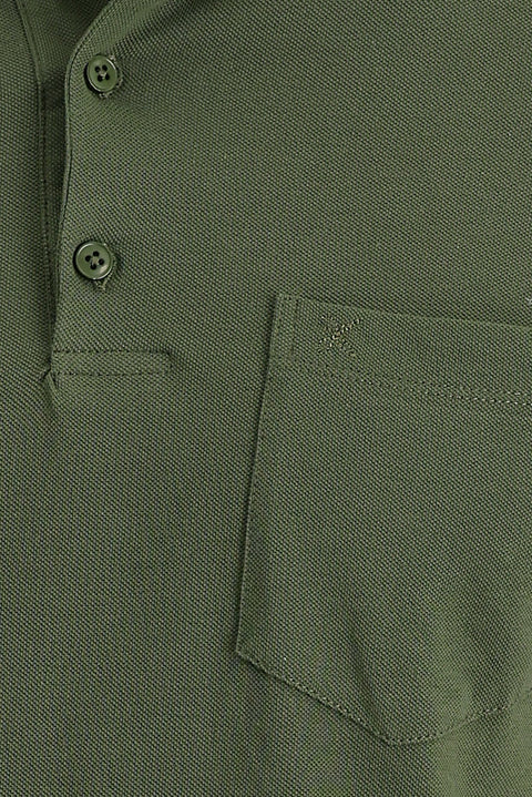 Medium Khaki Polo Collar Regular Fit Embroidered Cotton T-shirt