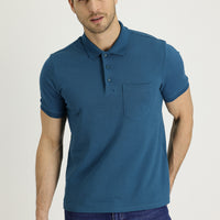 Medium Petrol Polo Collar Regular Fit Embroidered Cotton T-Shirt