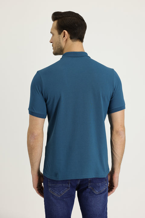 Medium Petrol Polo Collar Regular Fit Embroidered Cotton T-Shirt