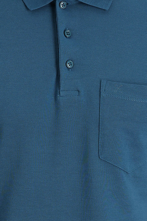 Medium Petrol Polo Collar Regular Fit Embroidered Cotton T-Shirt