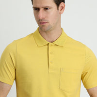 Dark Yellow Polo Collar Regular Fit Embroidered Cotton T-Shirt