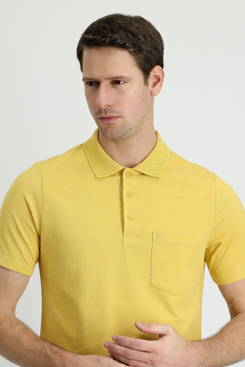 Dark Yellow Polo Collar Regular Fit Embroidered Cotton T-Shirt