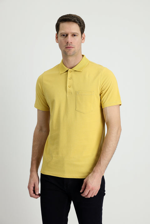Dark Yellow Polo Collar Regular Fit Embroidered Cotton T-Shirt