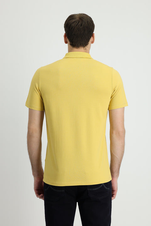 Dark Yellow Polo Collar Regular Fit Embroidered Cotton T-Shirt