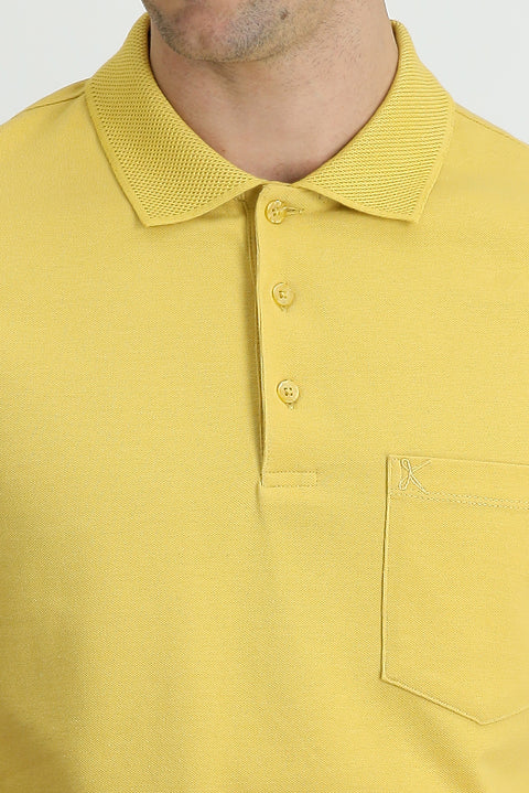 Dark Yellow Polo Collar Regular Fit Embroidered Cotton T-Shirt