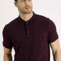 Dark Burgundy Polo Collar Regular Fit Embroidered Cotton T-shirt