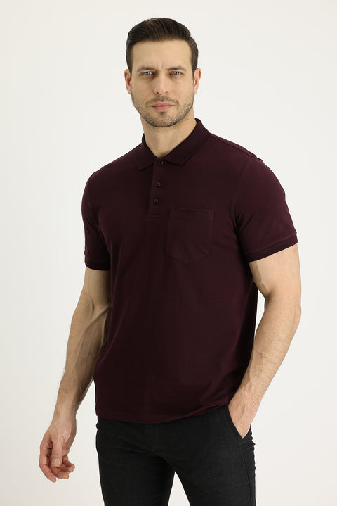 Dark Burgundy Polo Collar Regular Fit Embroidered Cotton T-shirt