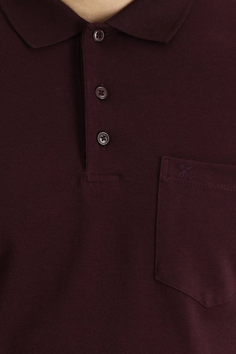 Dark Burgundy Polo Collar Regular Fit Embroidered Cotton T-shirt