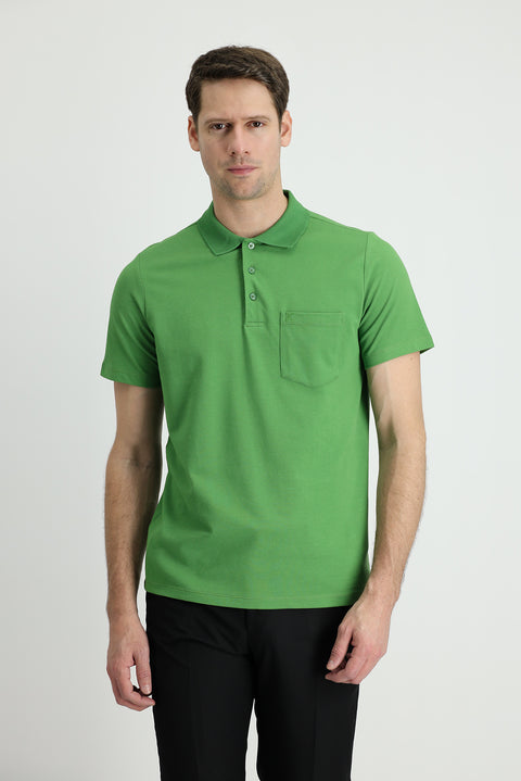 Grass Green Polo Collar Regular Fit Embroidered Cotton T-Shirt