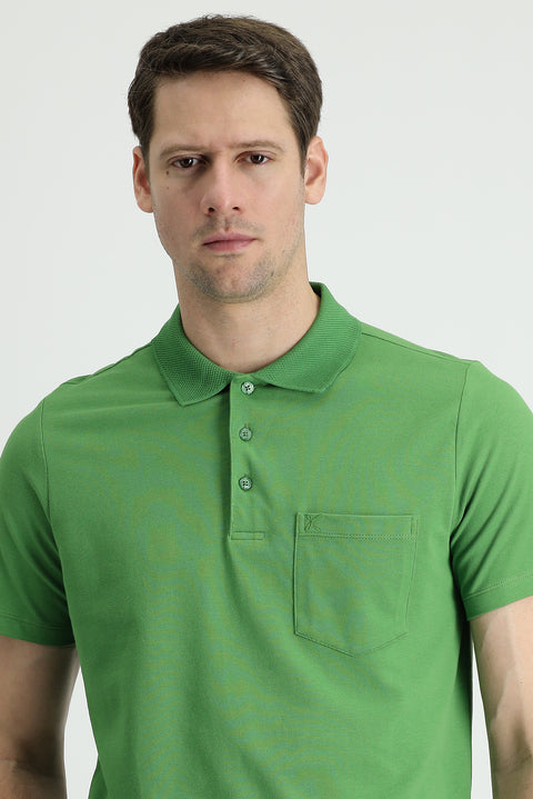 Grass Green Polo Collar Regular Fit Embroidered Cotton T-Shirt