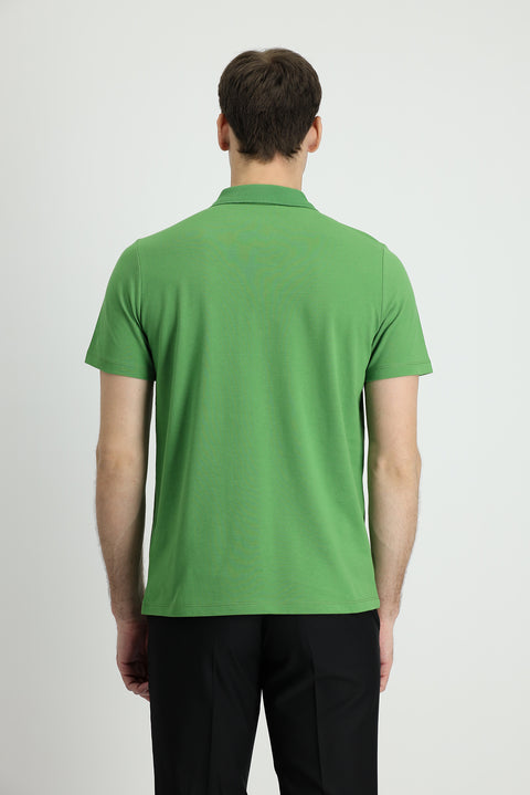 Grass Green Polo Collar Regular Fit Embroidered Cotton T-Shirt