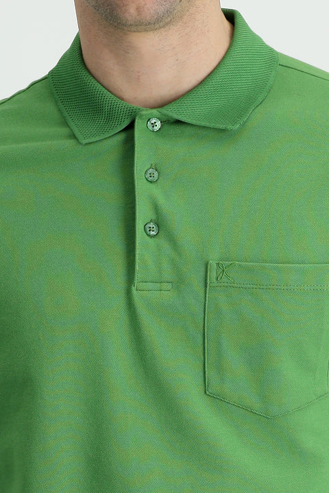 Grass Green Polo Collar Regular Fit Embroidered Cotton T-Shirt
