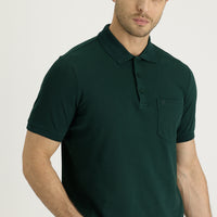 Dark Green Polo Collar Regular Fit Embroidered Cotton T-Shirt