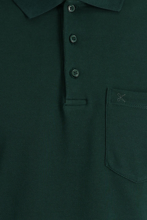 Dark Green Polo Collar Regular Fit Embroidered Cotton T-Shirt